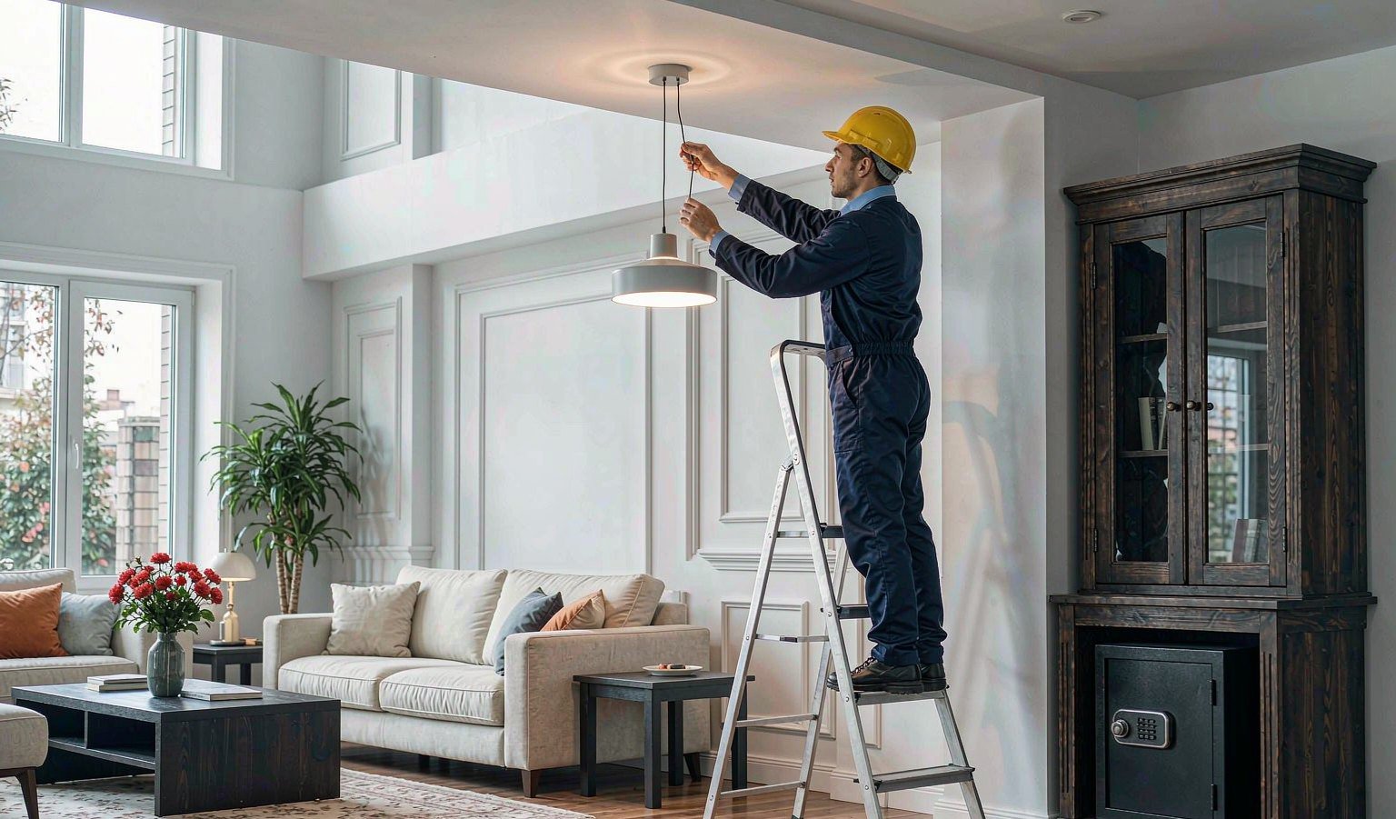 Chandelier and recessed lighting installation in a living room