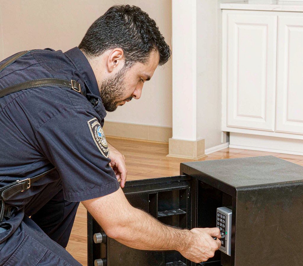 Technician replacing the electronic lock of an indoor home safe